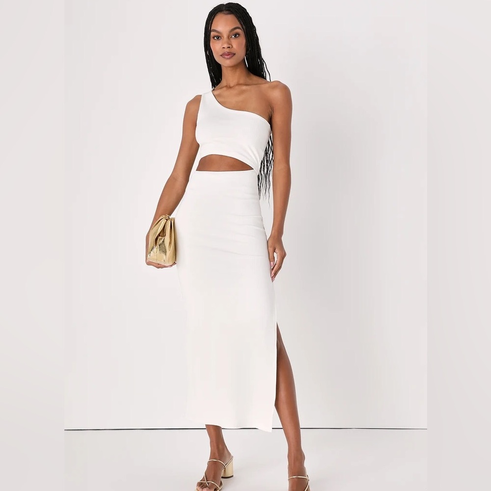 Lulus Spice Things Up Ivory Ribbed One-Shoulder Cutout Midi Dress